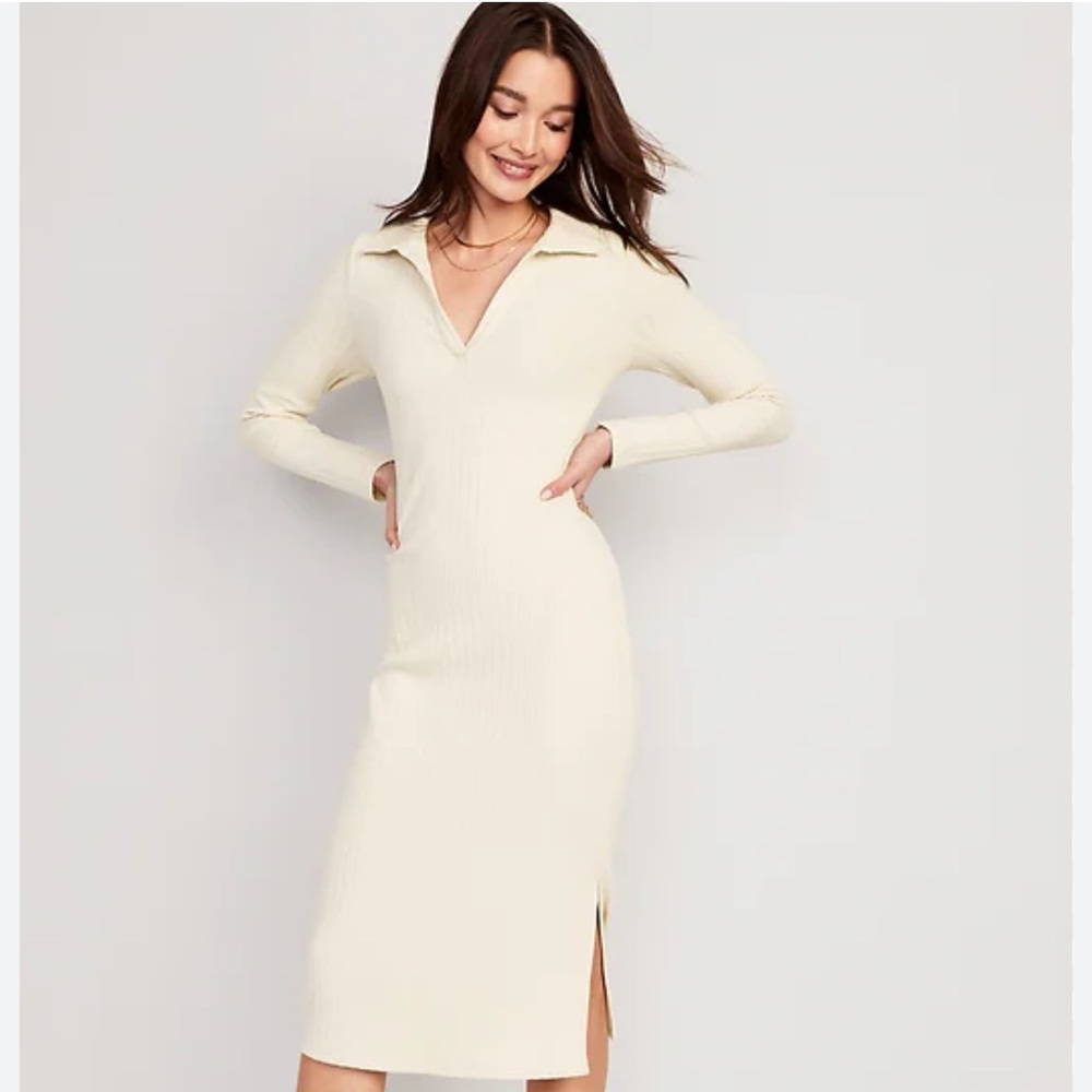 Old Navy Cream Rib-Knit Midi Polo Dress